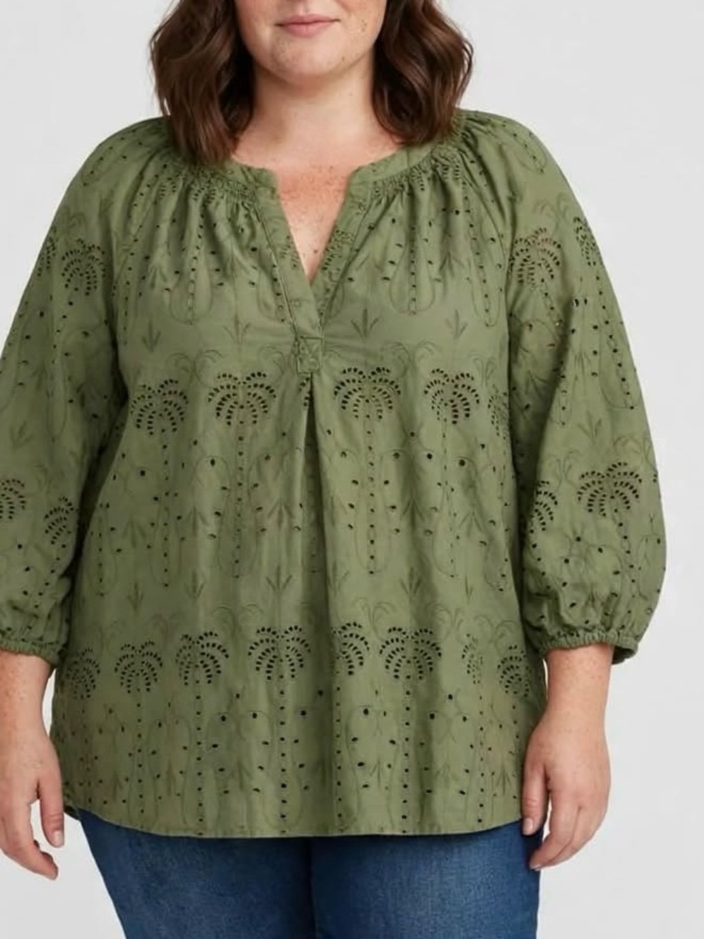 Crown & Ivy Olive Green Palm Eyelet Blouse - Size Large 100% Cotton